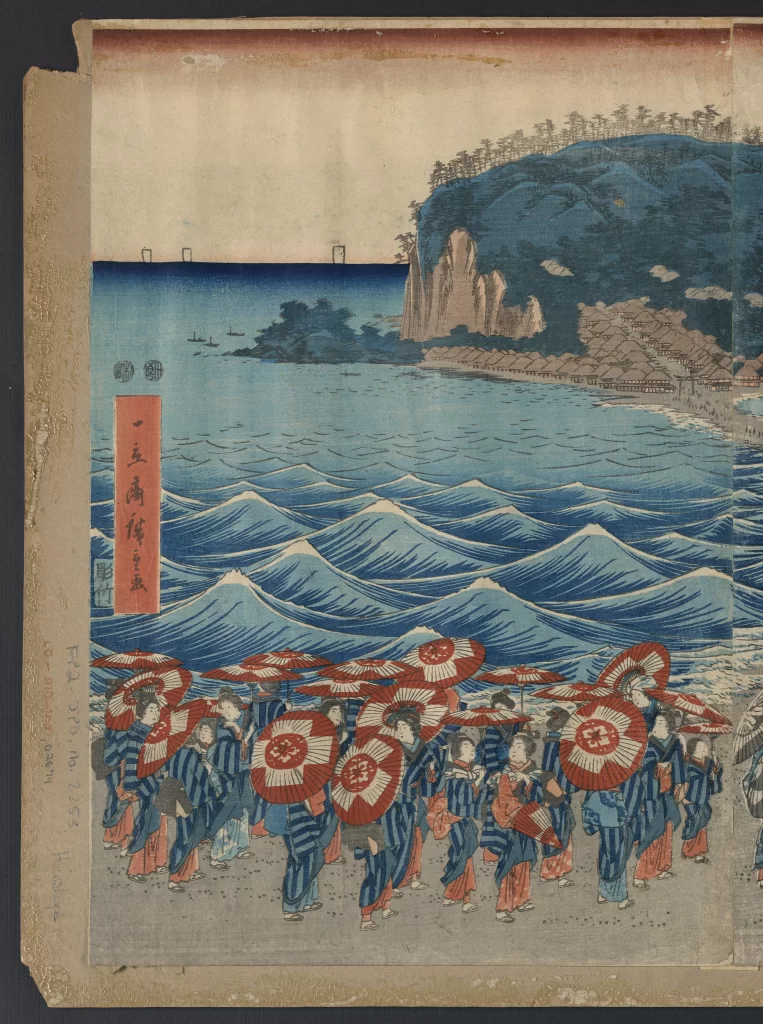 Traditional Japanese Art Wave Patterns Red Umbrellas Coastal Landscape Cultural Scene