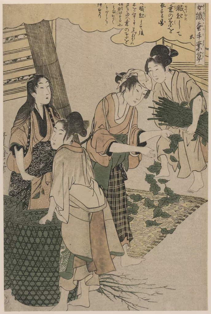 Traditional Japanese Women Historical Scene Cultural Activity Botanical Elements Artistic Depiction