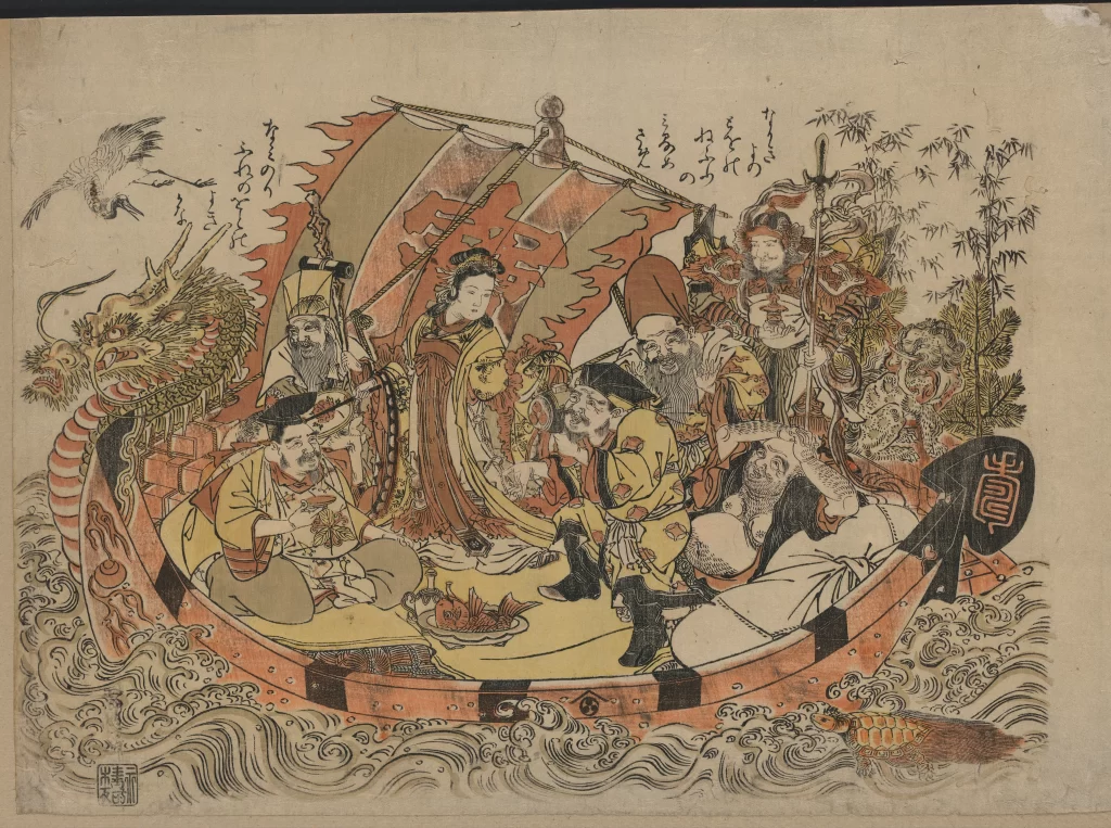 Traditional Japanese Art Woodblock Print Historical Scene Cultural Depiction Boat Journey