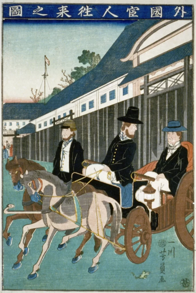 Traditional Japanese Art Horse-drawn Carriage Foreigners Historical Scene Cultural Depiction