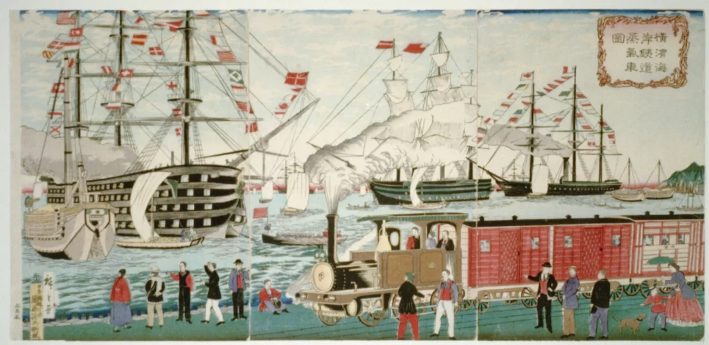 Steamships Sailing Ships Train People Flags Harbor