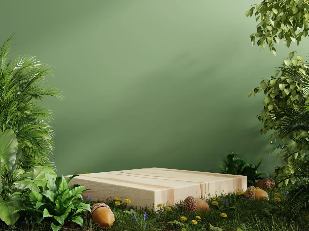 3D Wooden Platform Lush Green Nature
