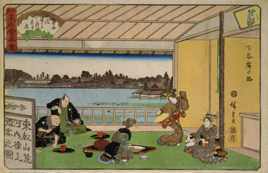 Traditional Japanese Gathering Tea Ceremony Edo Period Cultural Setting Artistic Depiction