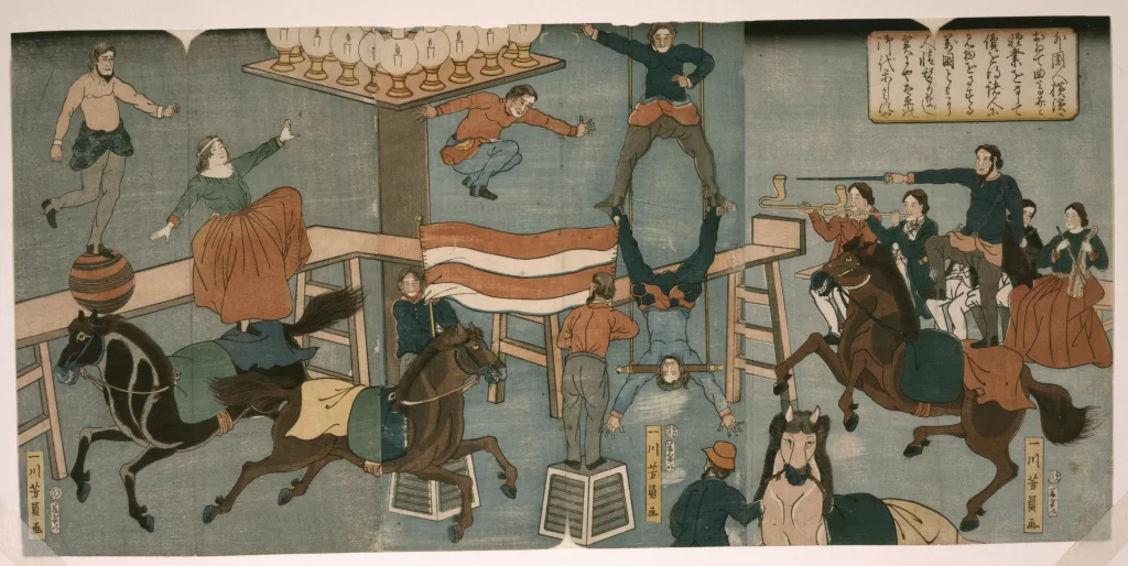 Acrobats Horses Performers Traditional Attire Dynamic Scene Japanese Art