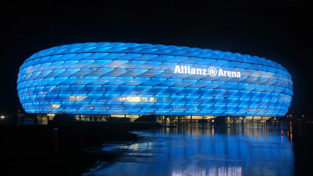 Allianz Arena Night Blue Lights Stadium Reflection Modern Architecture