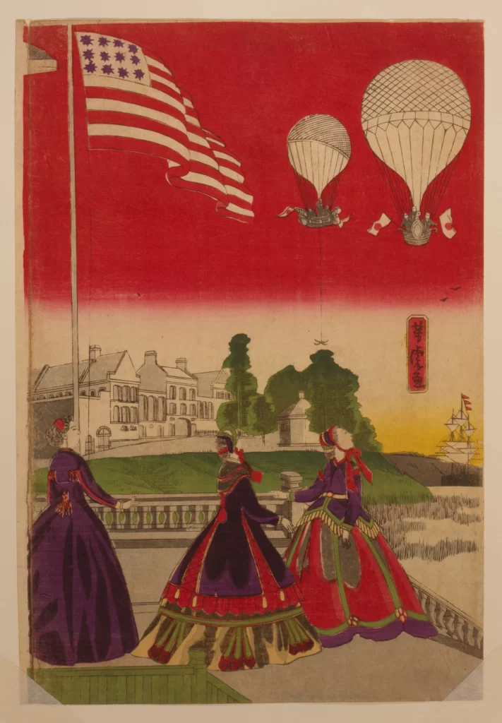 American Flag Hot Air Balloons Women Traditional Dress Japanese Architecture Red Sky