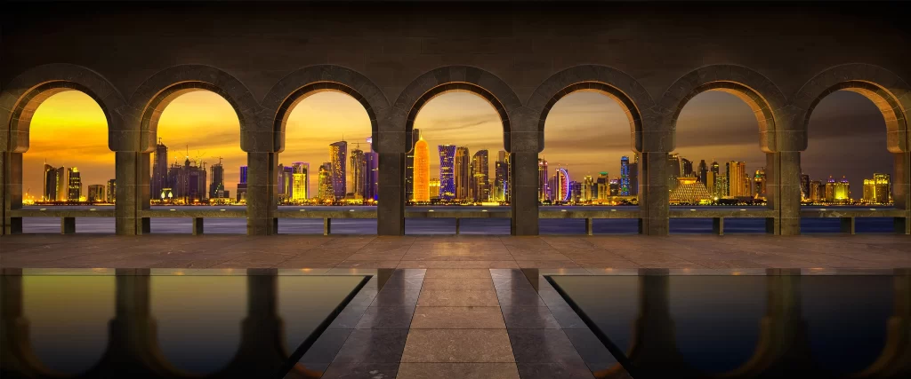 Arches Cityscape Sunset Skyline Reflection Modern Buildings