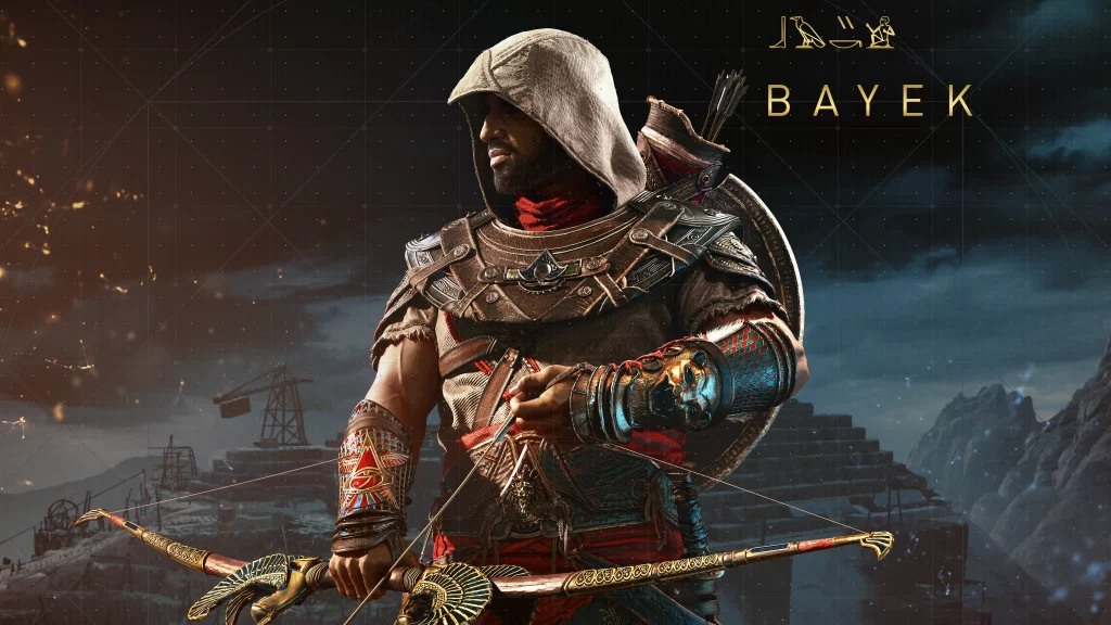 Assassins Creed Bayek ancient Egypt bow armor shield pyramid night sky adventure