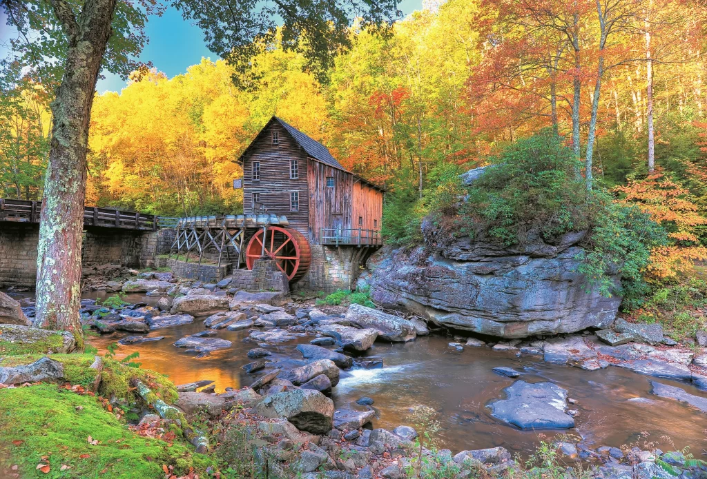Autumn stream mill trees rocks foliage