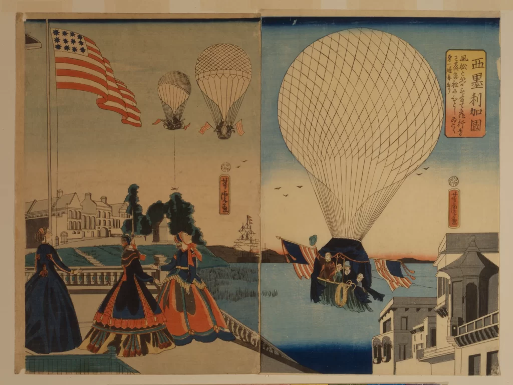 Balloon Flight American Flag Women Traditional Attire Japanese Architecture Birds