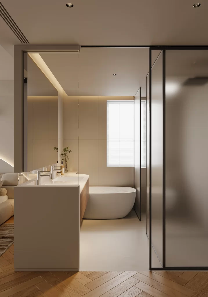 Bathroom modern minimalist white and wood.