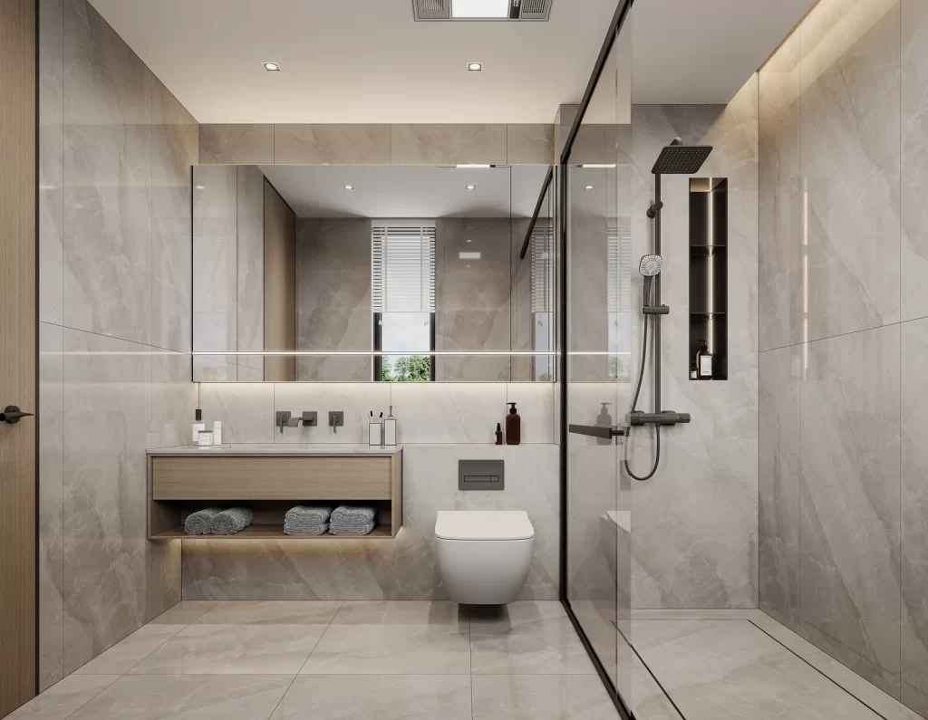 Bathroom vanity neutral tones modern.