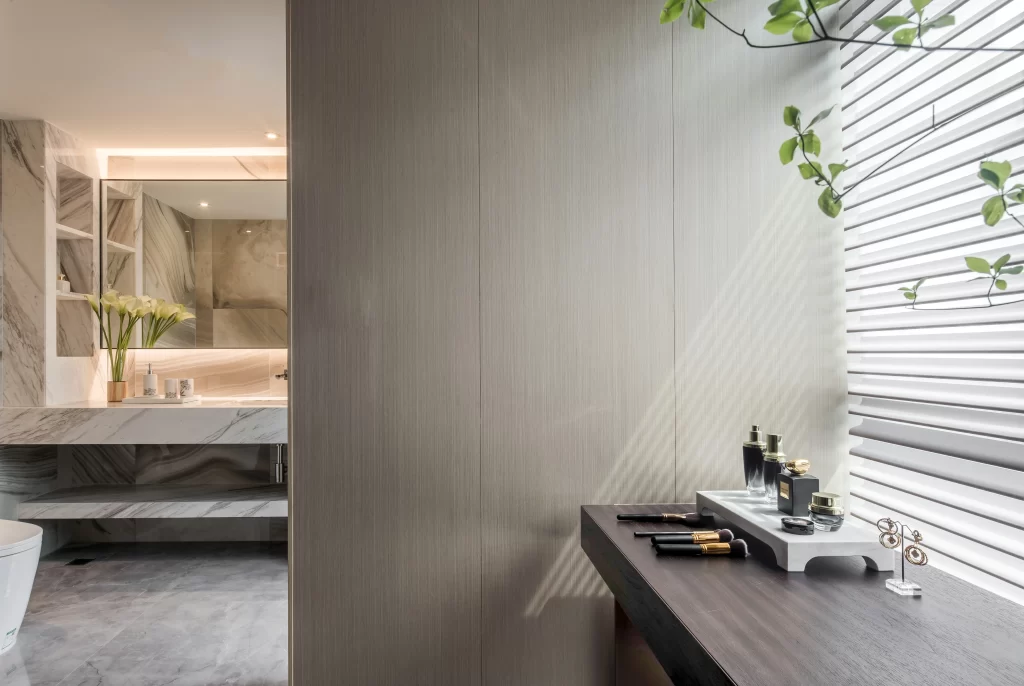 Bathroom wooden vanity neutral tones modern