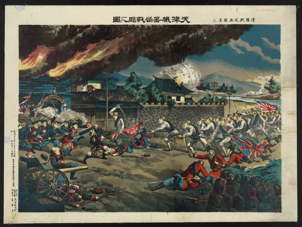 Battle Soldiers Traditional Buildings Smoke Flags Historical Scene