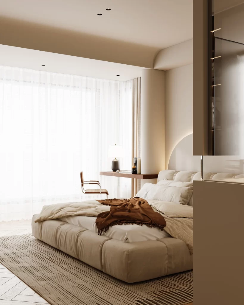 Bedroom bed beige brown modern.
