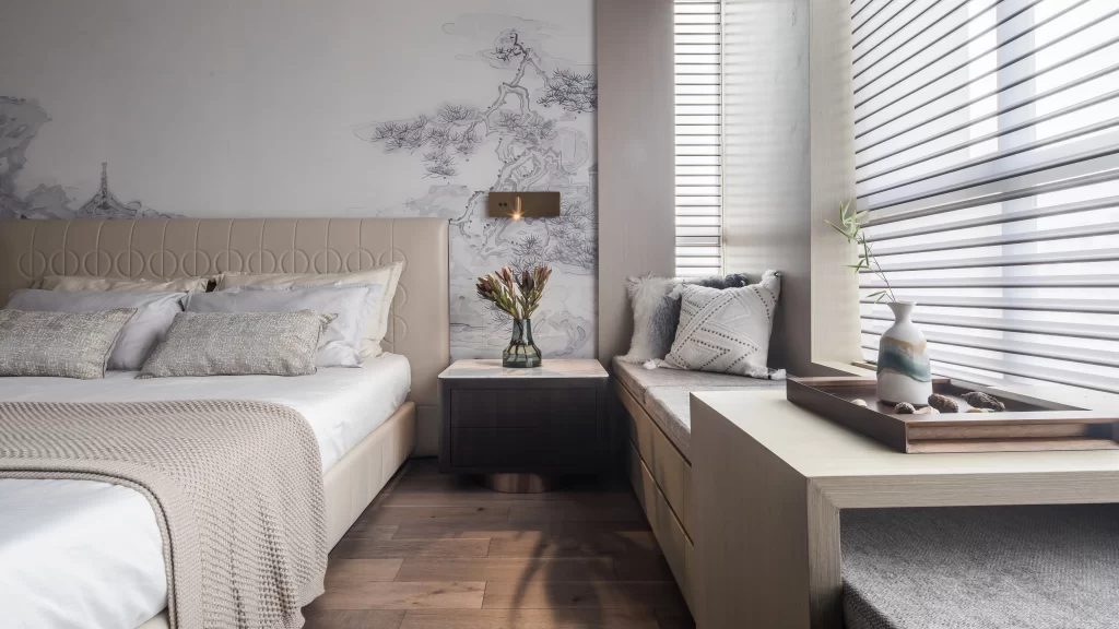 Bedroom bed beige white grey modern