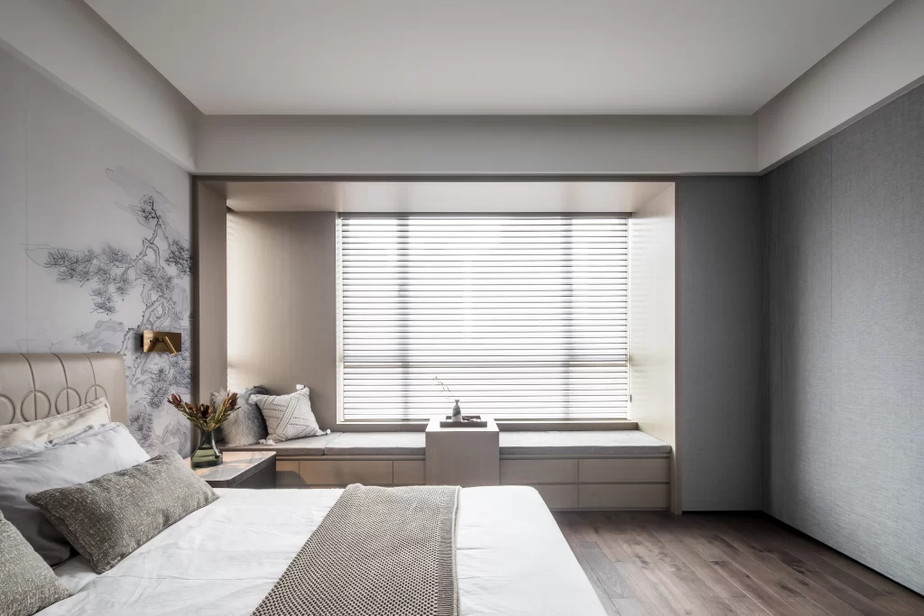 Bedroom bed beige white grey modern