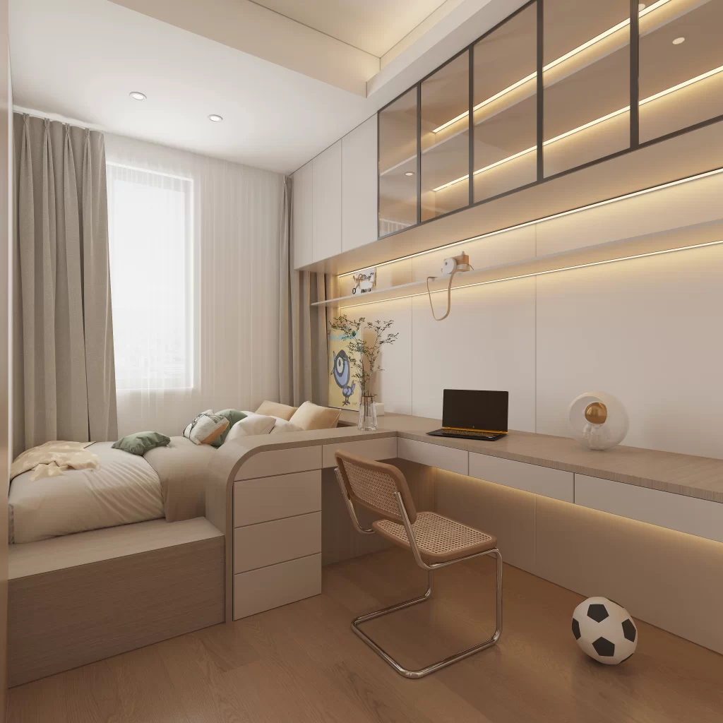 Bedroom bed beige white modern.