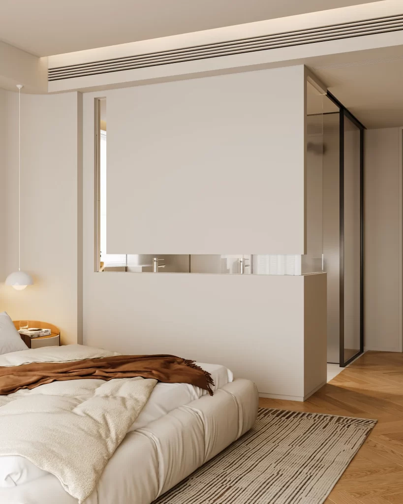 Bedroom bed white brown modern.