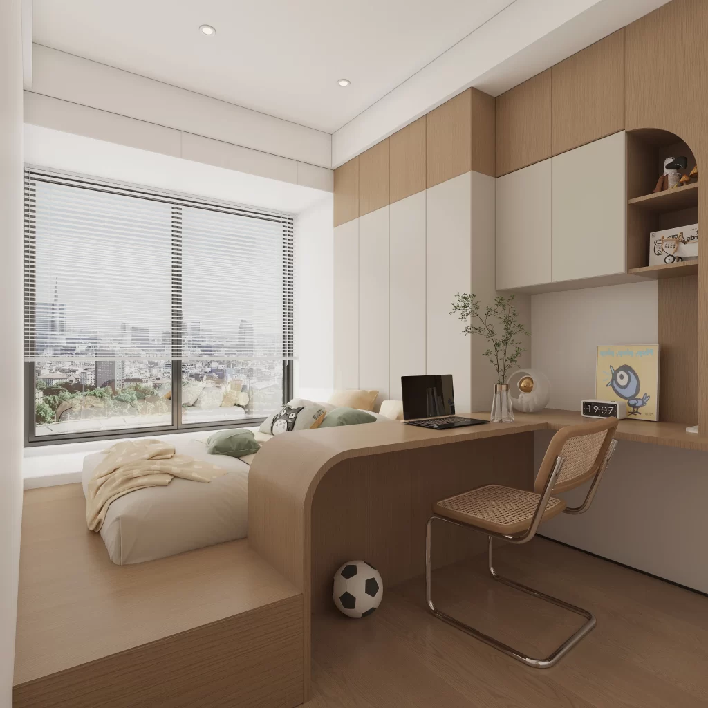 Bedroom wooden beige modern.
