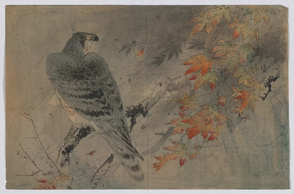 Bird Autumn Leaves Branch Traditional Art Nature