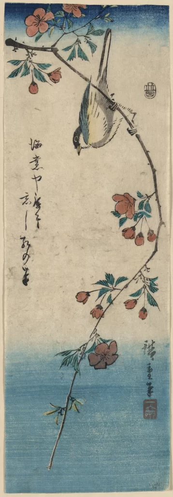 Bird Branch Flowers Leaves Sky
