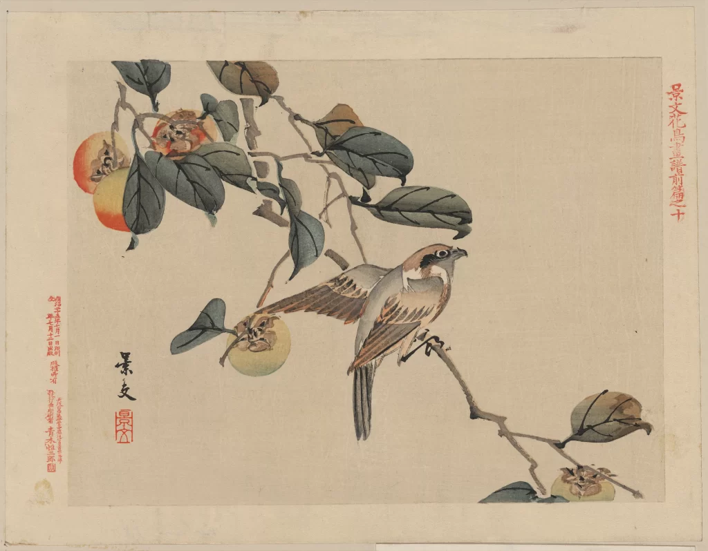 Bird Branch Fruit Leaves Traditional Painting