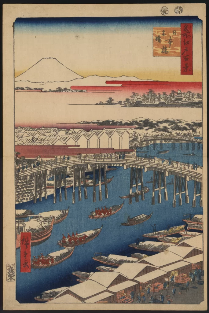 Boats Bridge Mount Fuji River Market Traditional Architecture