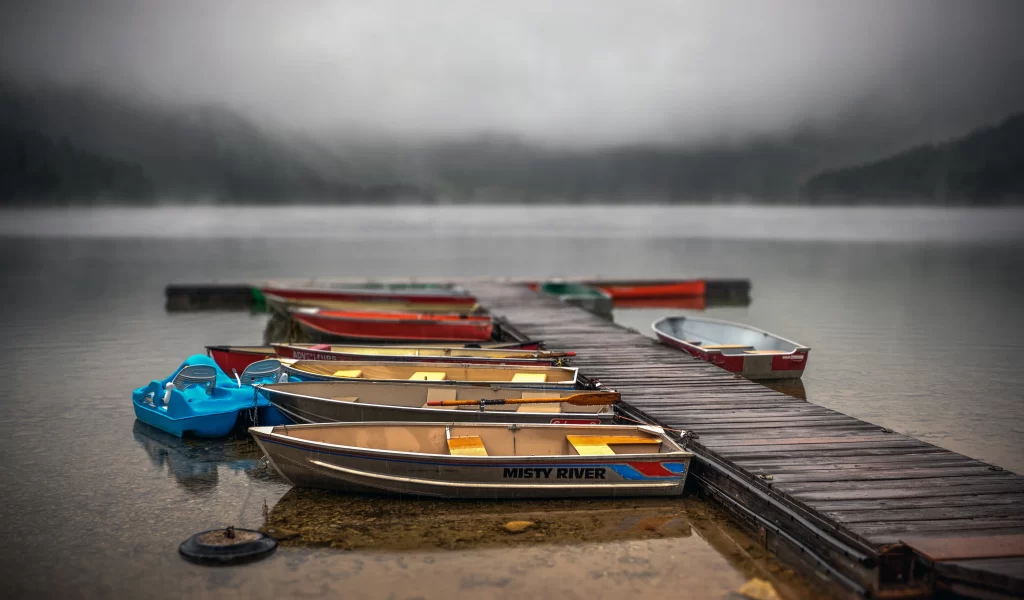 Boats dock misty river calm water dock