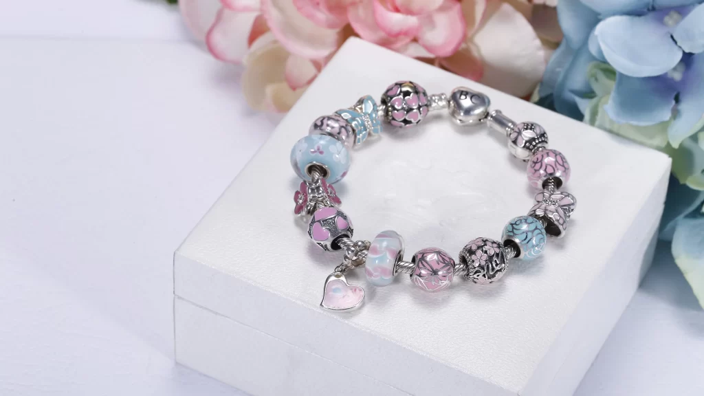 Bracelet Charms Heart Flowers Pastel Colors Gift