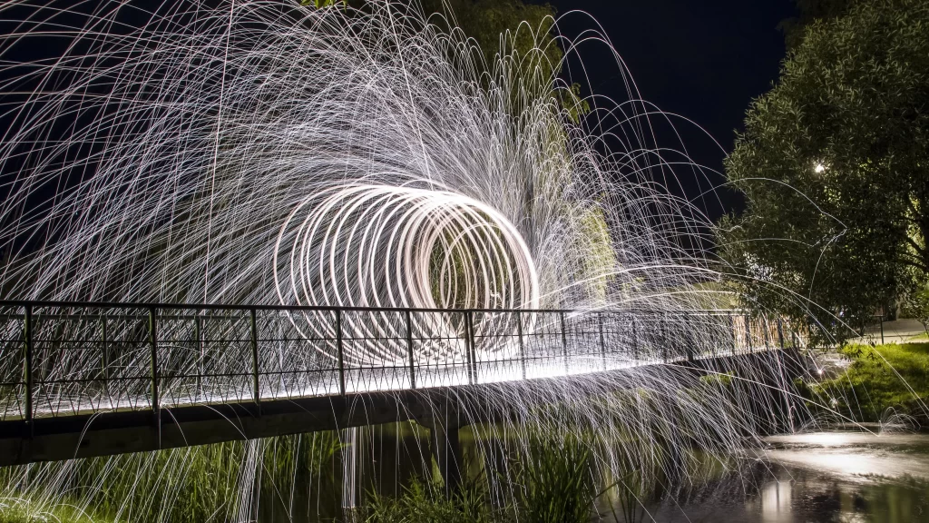 Bridge Light Trails Night Sky Water Reflection Trees