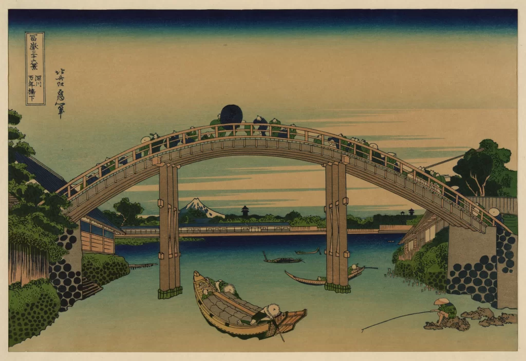 Bridge River Boats People Landscape Traditional
