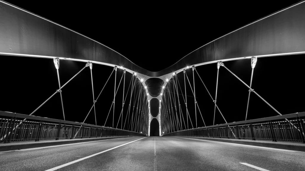 Bridge night lights symmetry architecture monochrome
