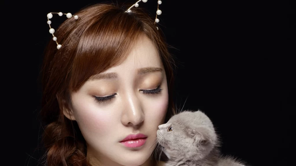 Cat Ears Kitten Woman Pink Lips Black Background