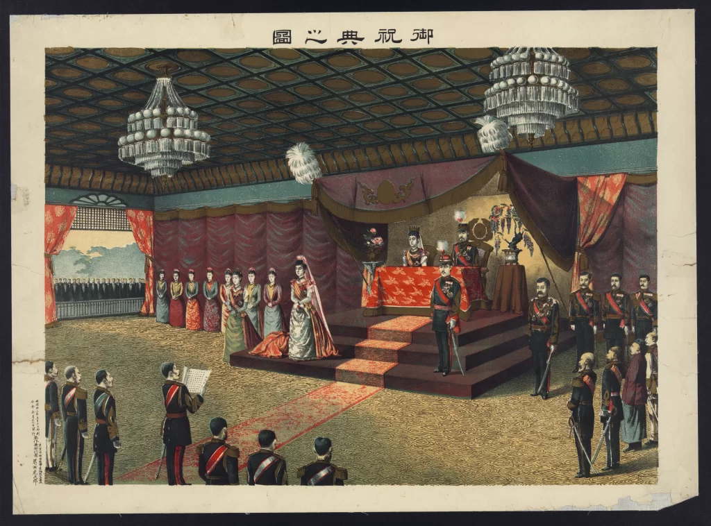 Ceremonial Scene Traditional Attire Chandeliers Formal Setting Japanese Art Historical Event