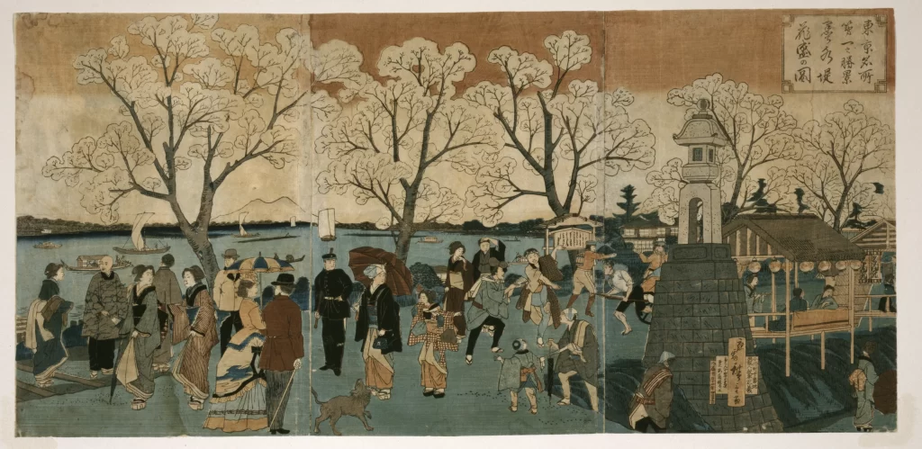 Cherry Blossoms Traditional Attire Riverbank Leisurely Scene Edo Period Cultural Celebration