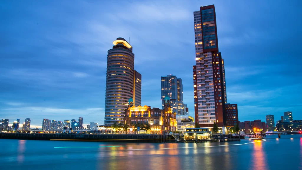Cityscape Skyscrapers River Night Lights Reflection