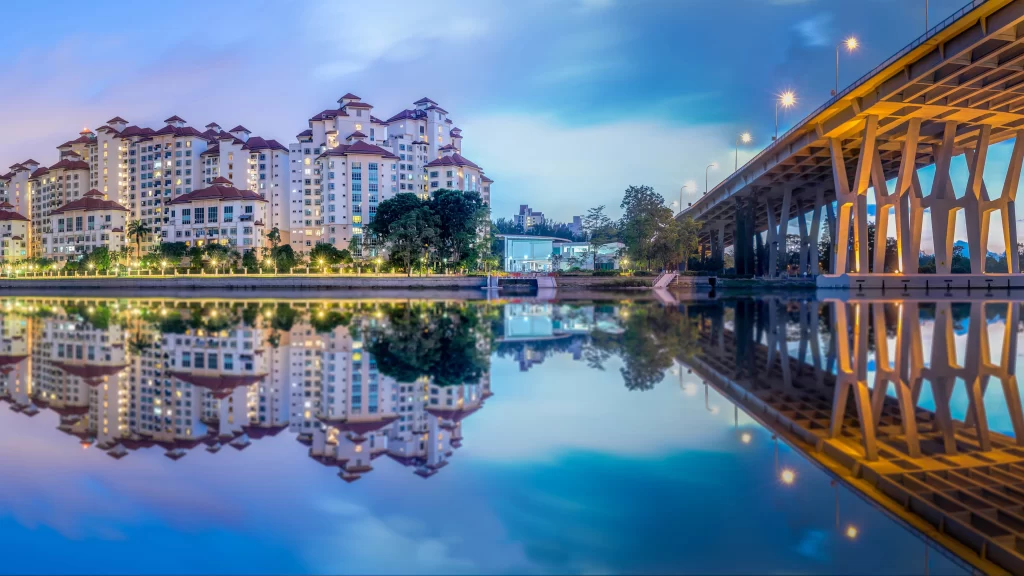 Cityscape Bridge Water Reflection Buildings Twilight