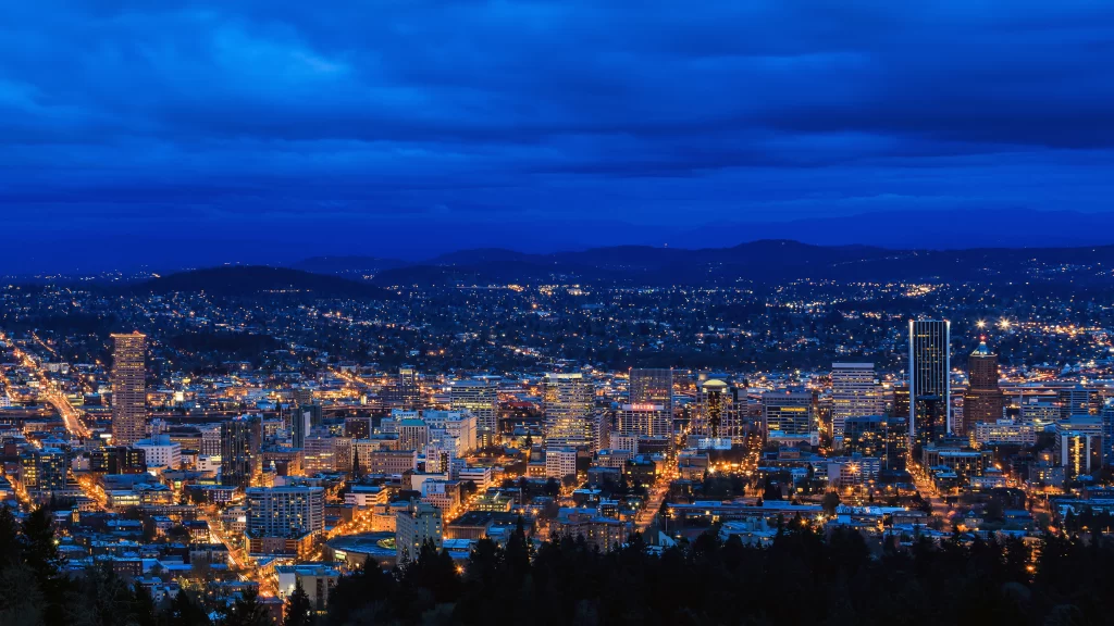 Cityscape Night Lights Buildings Mountains Sky