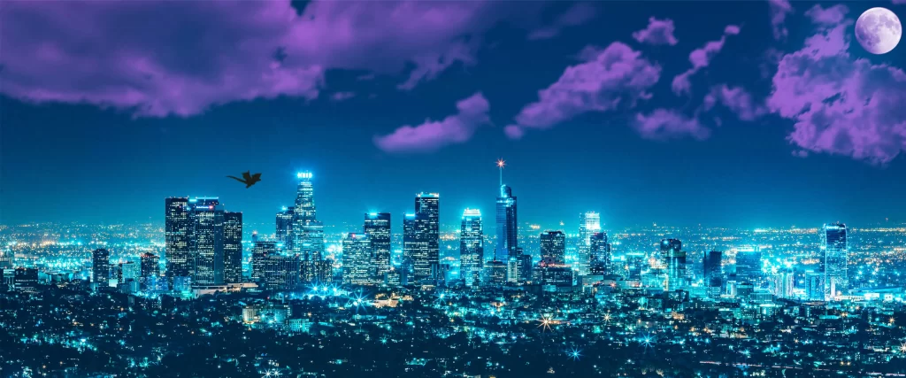 Cityscape Night Lights Moon Clouds Skyscrapers