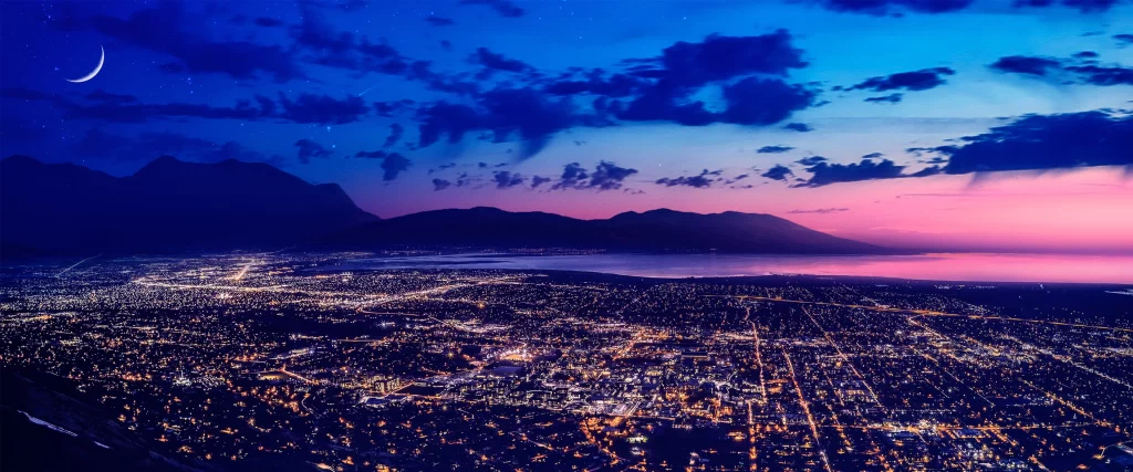 Cityscape Night Lights Mountains Sky Crescent Moon