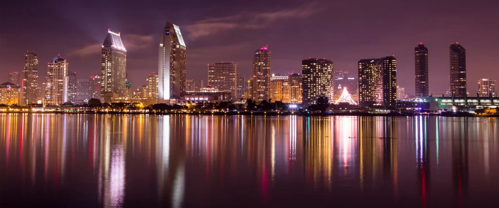 Cityscape Night Lights Reflection Skyscrapers Water