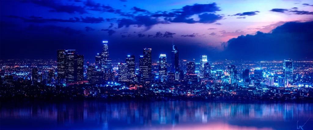Cityscape Night Lights Skyscrapers Reflection Clouds City