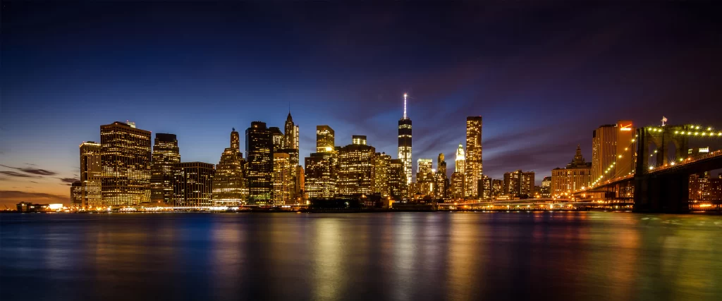 Cityscape Skyline Night Lights Bridge Water