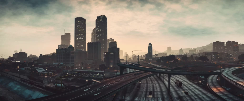 Cityscape Skyscrapers Highways Vehicles Overcast Urban