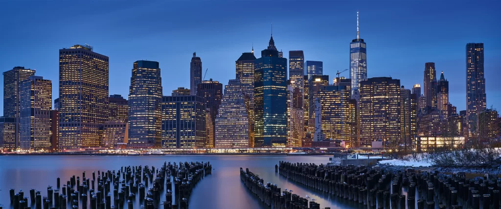 Cityscape Skyscrapers Twilight Water Reflections Urban