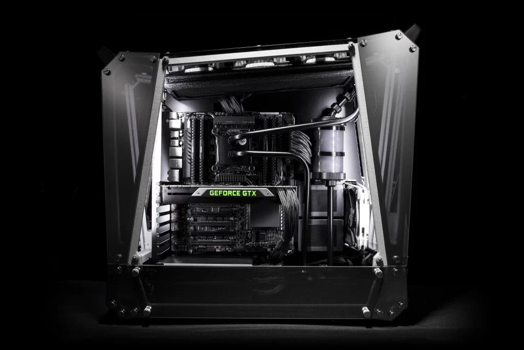 Computer case internal components cooling system graphics card motherboard power