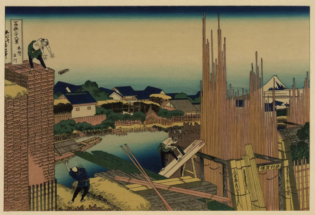 Construction Workers Traditional Japanese Architecture Mount Fuji River Rural Landscape Edo Period