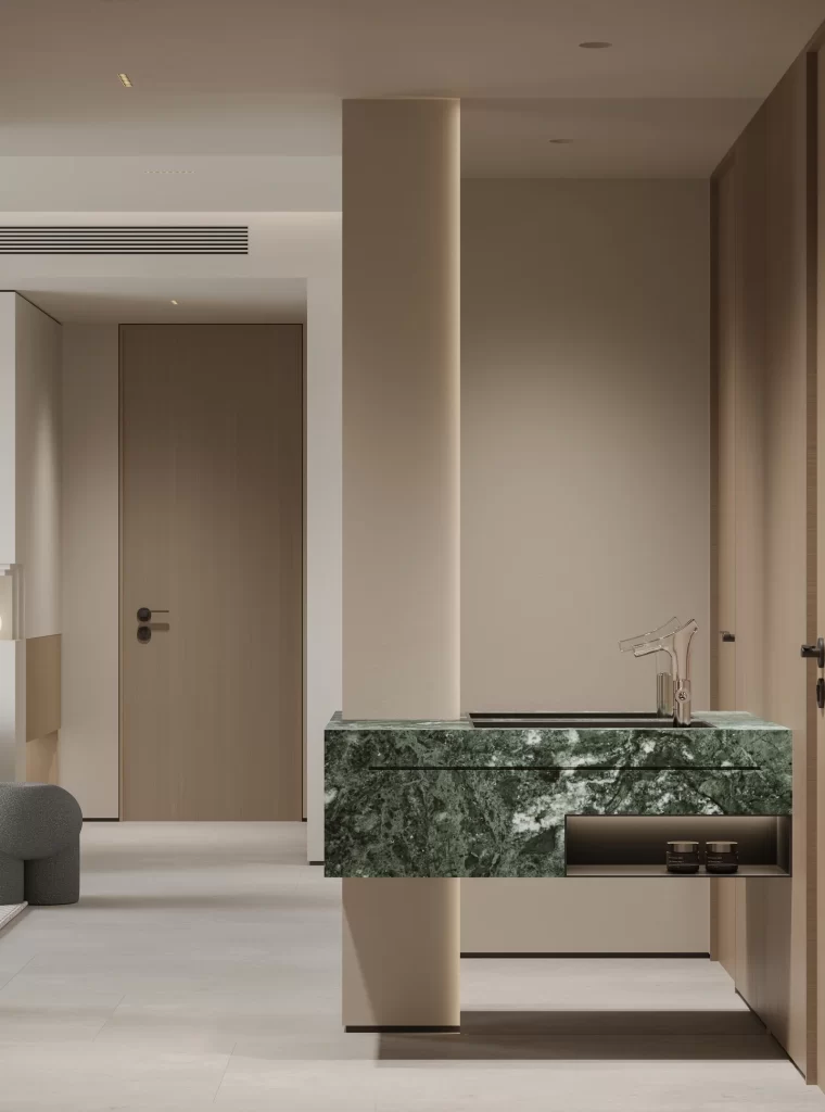 Contemporary Bathroom Green Marble Vanity Neutral Tones Minimalist