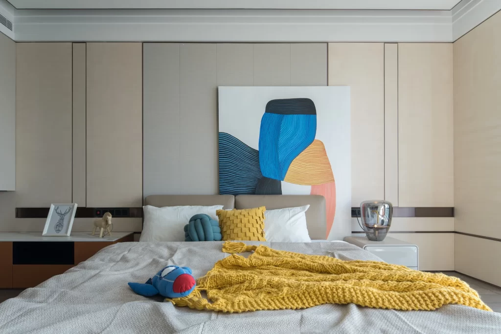 Contemporary Bedroom Bedside Table Abstract Art Yellow Blue